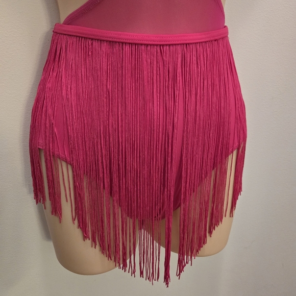 WEISSMAN sequin criss-cross dance leotard bright pink fringe skirt costume Sz Sm - Picture 5 of 8